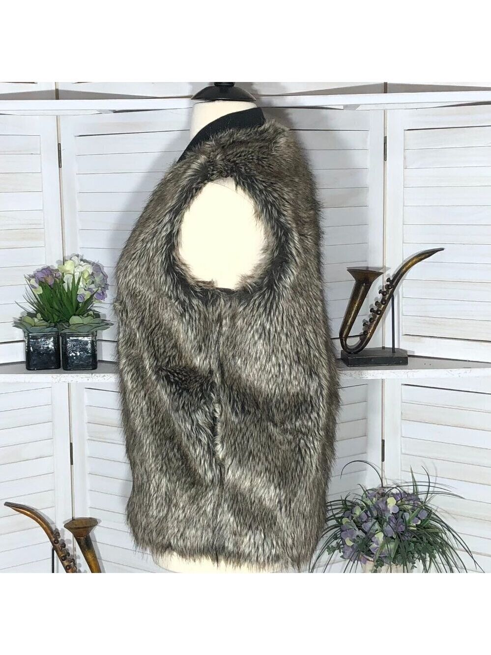 ASOS Faux Fur Vest Brown Gray Large - Picture 4 of 11